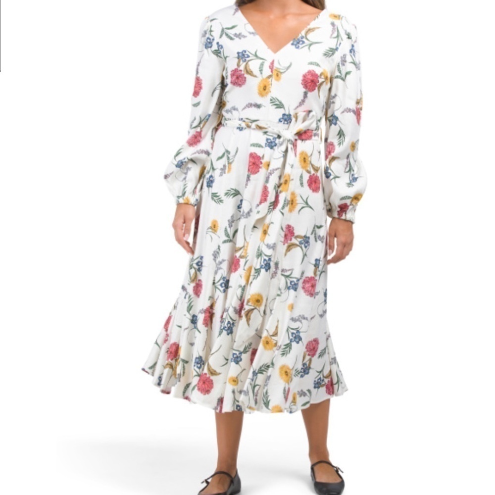 NWT ELLIE TAHARI Waist Linen Blend V-neck French Garden Midi Dress With Tie